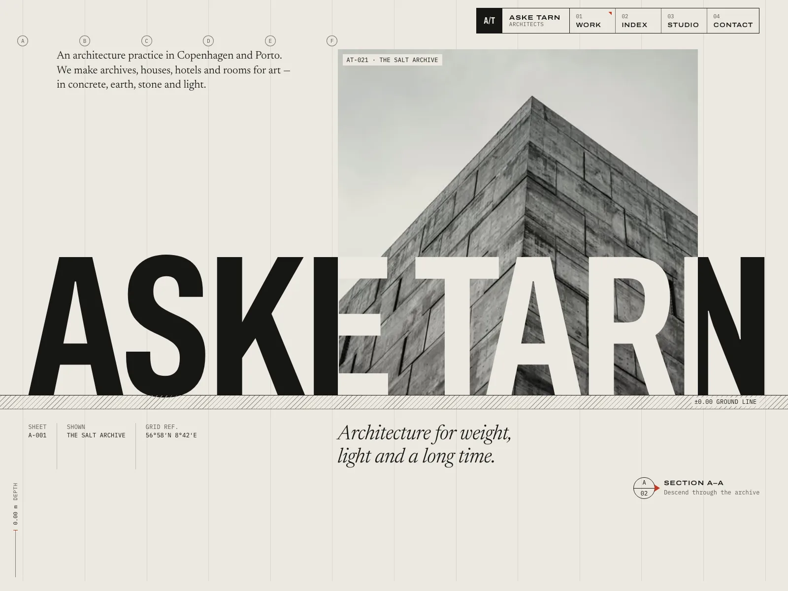 The Aske Tarn concept site, with the practice name set in oversized type across a photograph of a board-marked concrete building.