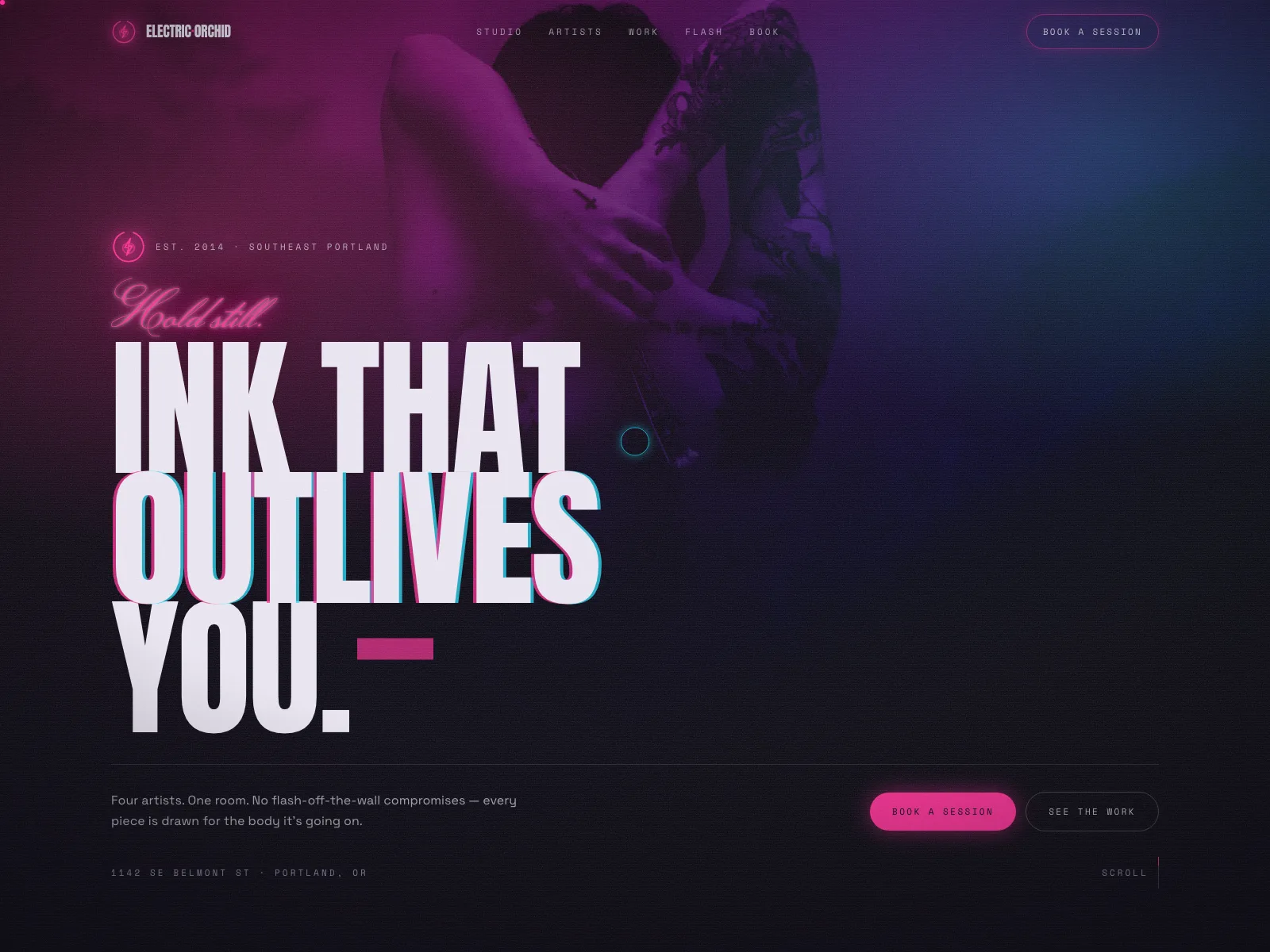The Electric Orchid concept site, with the headline “Ink that outlives you” over a magenta-lit studio photograph.