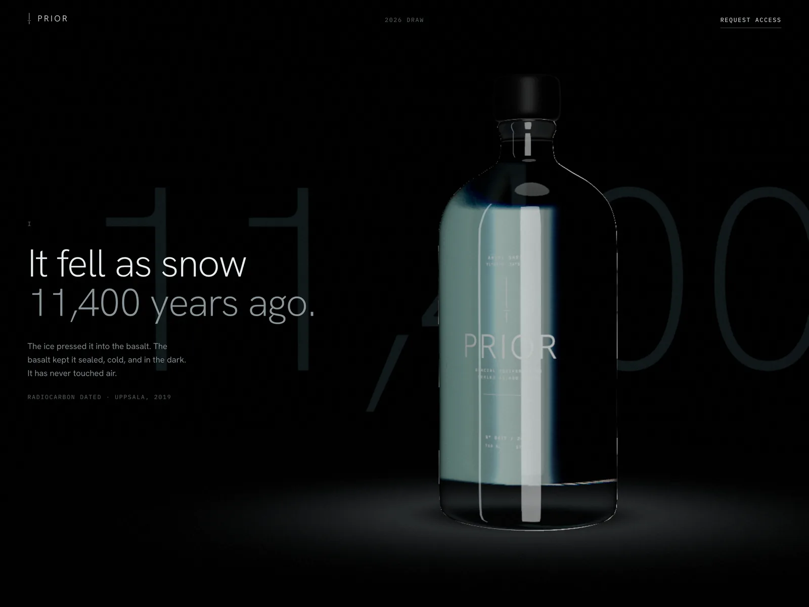 The Prior concept site, with the headline “It fell as snow 11,400 years ago.” beside a dark glass bottle lit in pale blue.