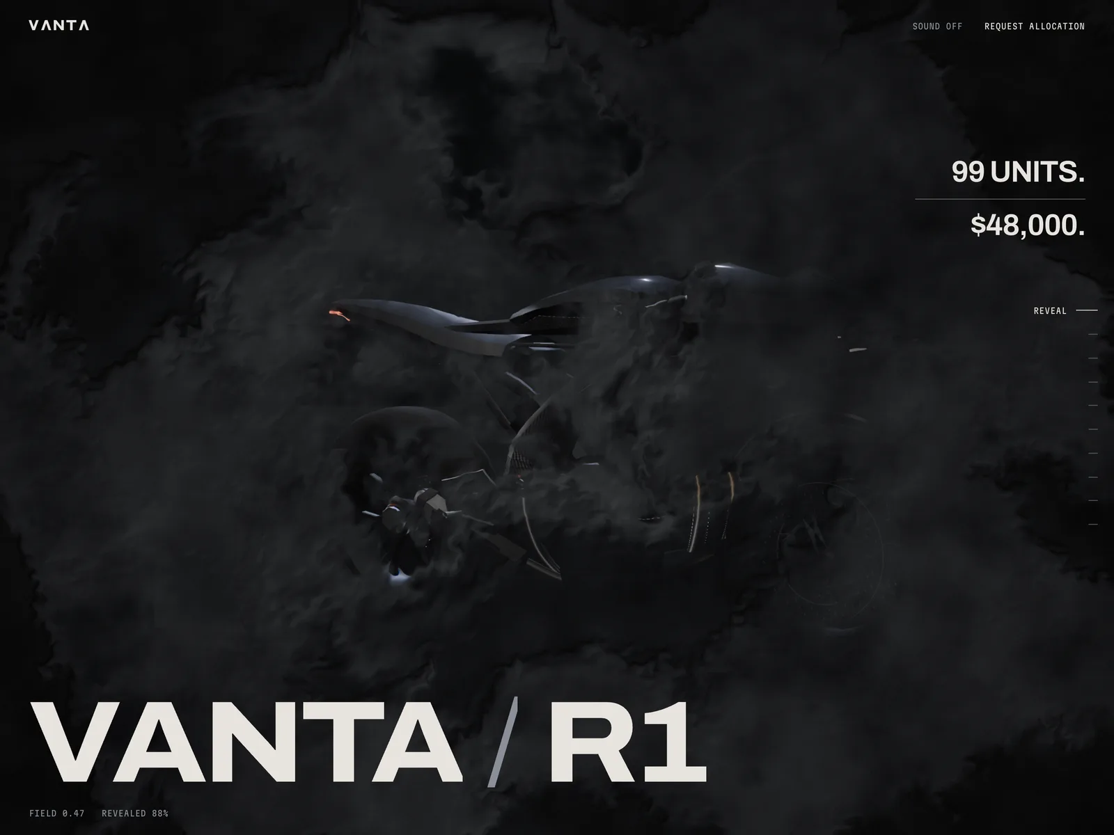 The Vanta concept site, with “VANTA / R1” set large beneath a black motorcycle emerging from dark smoke, and “99 units. $48,000.” on the right.